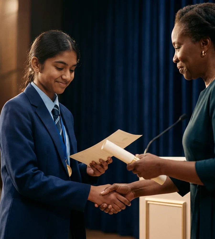 A young student receiving a certificate and medal in a dignified, quiet moment of recognition