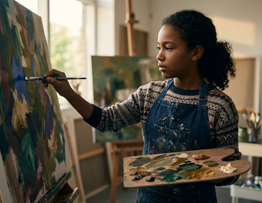 A young artist painting on canvas in a sunlit studio