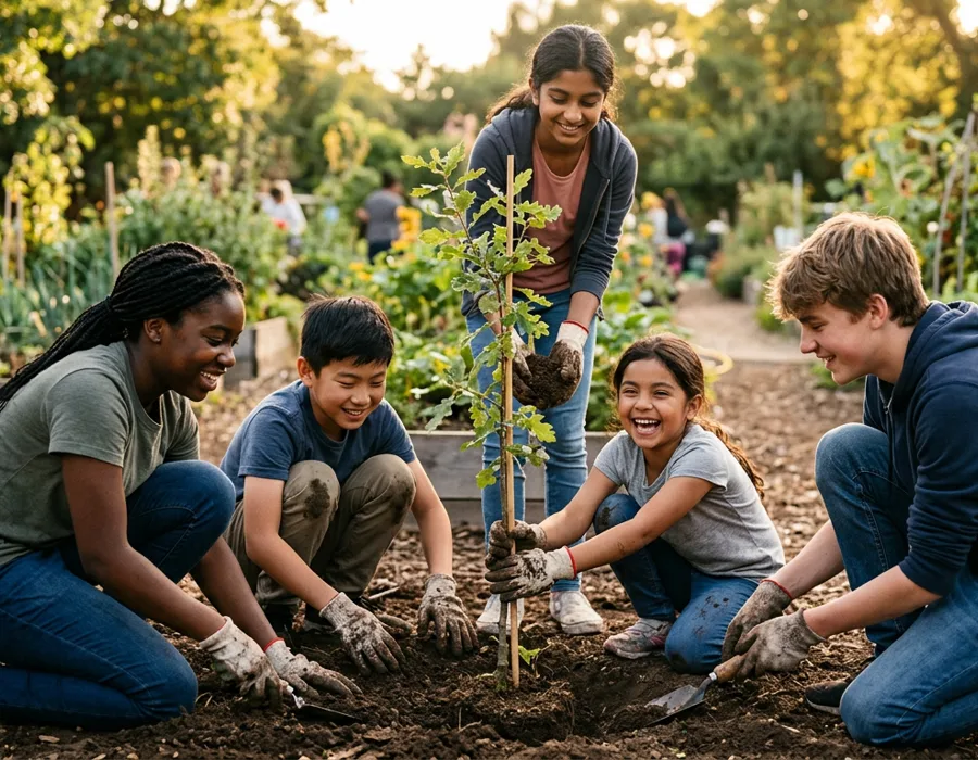 A group of young volunteers planting a tree together
