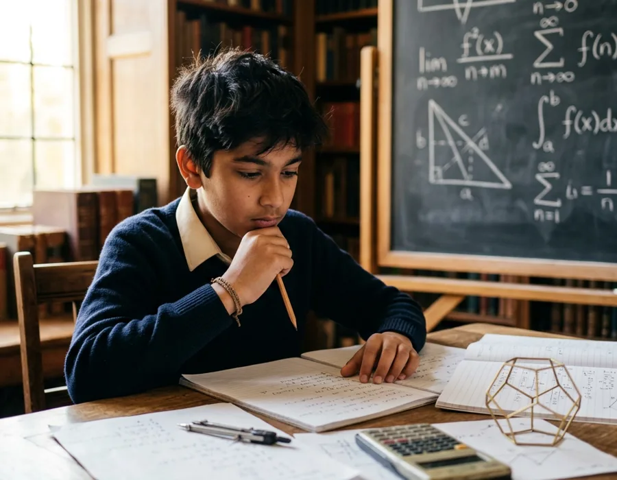 A young student working through mathematical notes at a desk