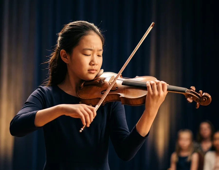 A young violinist performing on stage under warm stage light