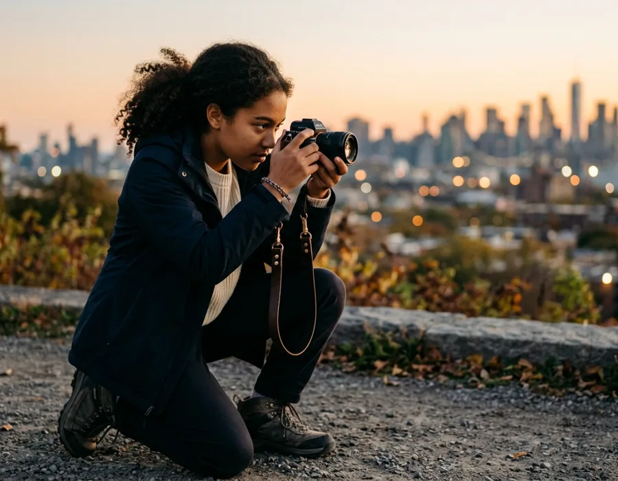 A young photographer composing a shot outdoors at golden hour