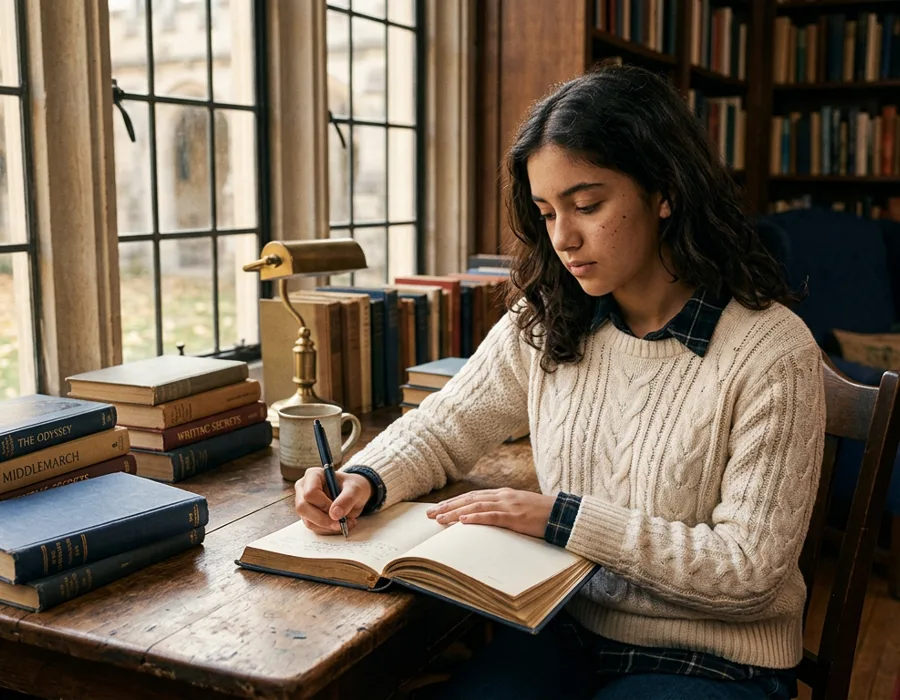 A young writer composing longhand in a notebook by a window