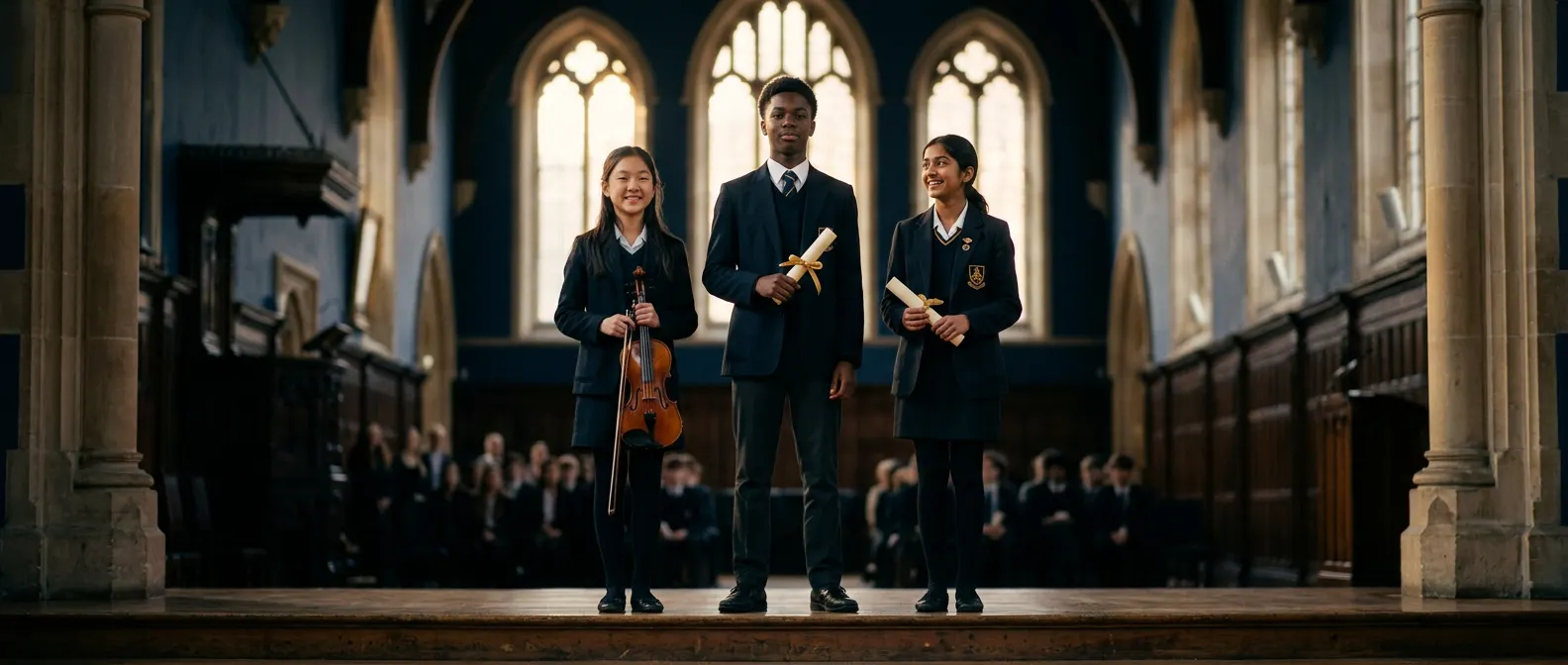 Three students proudly holding a violin and certificates on a stage in a grand academic hall